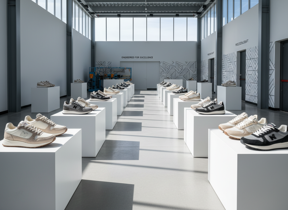 A neatly arranged display of premium athletic sneakers in various neutral shades, expertly crafted from smooth full-grain leather, durable mesh panels, and suede accents. The shoes are set on pristine white display plinths within a spacious, ultra-clean factory showroom. Soft diffused daylight pours in from high windows, providing even illumination and creating gentle shadows that emphasize the structured design of each pair. The atmosphere is polished and meticulously organized, conveying professional confidence and precision. Captured at eye-level with sharp focus throughout, the composition uses clean lines and a balanced, symmetrical arrangement. The photographic realism and minimalist, corporate aesthetic support the site's business focus and commitment to quality.