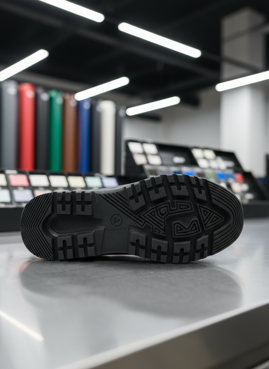 A close-up of a custom-designed shoe sole, showcasing intricate tread patterns molded in high-density rubber, with subtle branding details and flawless finishing. The sole rests on a brushed stainless steel workbench against a backdrop of precisely stacked raw material rolls and color samples, all arranged with intentional order. Strategic overhead LED lighting highlights the texture variations and crisp details of the sole, while casting soft shadows for dimensionality. The scene feels innovative and exacting, with a mood of dynamic professionalism and technical mastery. Photographed from a low, side-on angle with shallow depth of field, the composition draws attention to the craftsmanship and production prowess, aligning with a clean, modern corporate aesthetic.