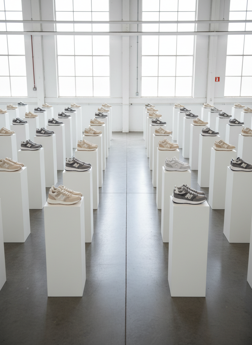 A neatly arranged display of premium athletic sneakers in various neutral shades, expertly crafted from smooth full-grain leather, durable mesh panels, and suede accents. The shoes are set on pristine white display plinths within a spacious, ultra-clean factory showroom. Soft diffused daylight pours in from high windows, providing even illumination and creating gentle shadows that emphasize the structured design of each pair. The atmosphere is polished and meticulously organized, conveying professional confidence and precision. Captured at eye-level with sharp focus throughout, the composition uses clean lines and a balanced, symmetrical arrangement. The photographic realism and minimalist, corporate aesthetic support the site's business focus and commitment to quality.