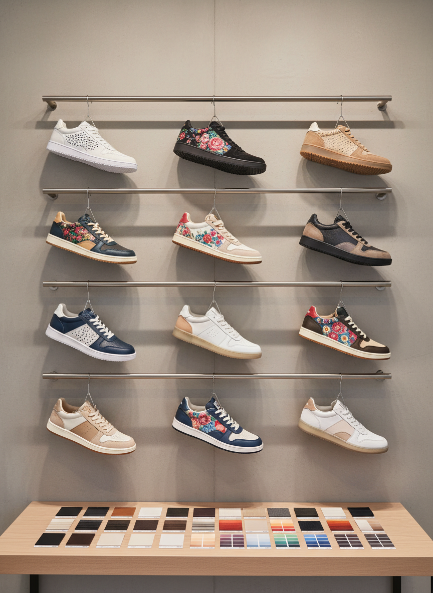 An orderly rack of sample shoes, each with unique design features such as laser-cut patterns, custom embroidery, and contrasting material panels, hangs on matte steel rails against a clean, neutral-toned wall. Below, small swatches of materials and Pantone color chips are displayed on a minimalist table, referencing customization options. Even, soft studio lighting ensures every detail is clearly visible, creating a crisp, professional feel. The atmosphere is collaborative and creative, yet always anchored in structured professionalism. Shot from a slightly elevated angle with centered composition, the clean, photographic style underscores the OEM/ODM customization capabilities the site offers.