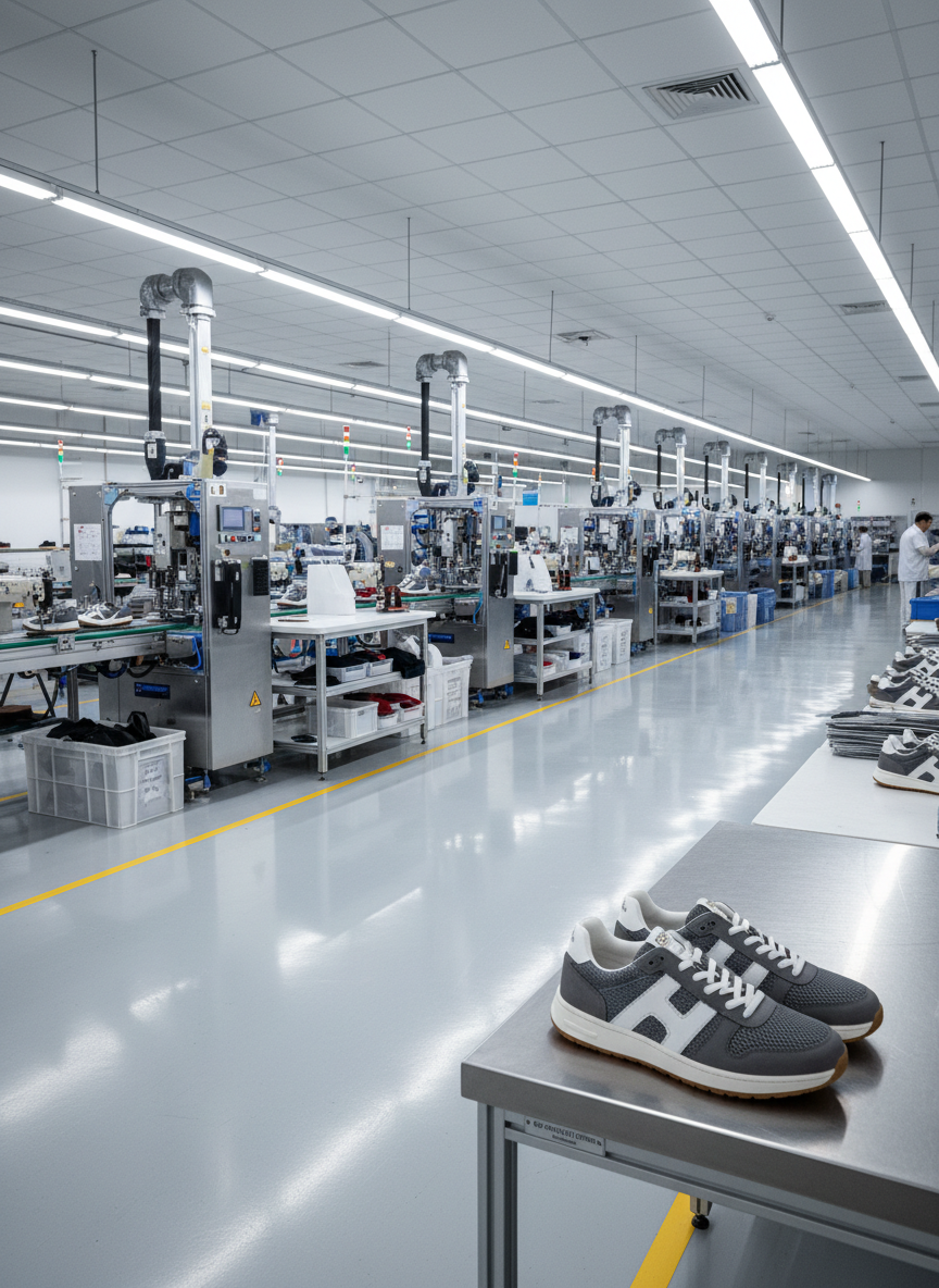 A pristine, ISO-certified shoe manufacturing facility interior, featuring rows of high-tech machinery and spotless assembly stations with immaculately organized tools and shoe components. The space is flooded with bright, neutral-toned overhead lighting, which creates subtle reflections and soft, directional shadows along the polished floors. In the foreground, a meticulously assembled pair of modern casual shoes sits atop a steel worktable, their stitching and texture details crisply captured. The mood is calm and methodical, instilling confidence in efficient, premium production processes. Captured in a wide-angle view with sharp focus and clear lines, the image radiates photographic realism and a modern, corporate identity.