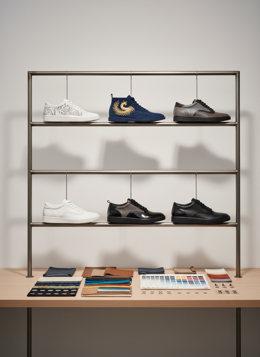 An orderly rack of sample shoes, each with unique design features such as laser-cut patterns, custom embroidery, and contrasting material panels, hangs on matte steel rails against a clean, neutral-toned wall. Below, small swatches of materials and Pantone color chips are displayed on a minimalist table, referencing customization options. Even, soft studio lighting ensures every detail is clearly visible, creating a crisp, professional feel. The atmosphere is collaborative and creative, yet always anchored in structured professionalism. Shot from a slightly elevated angle with centered composition, the clean, photographic style underscores the OEM/ODM customization capabilities the site offers.