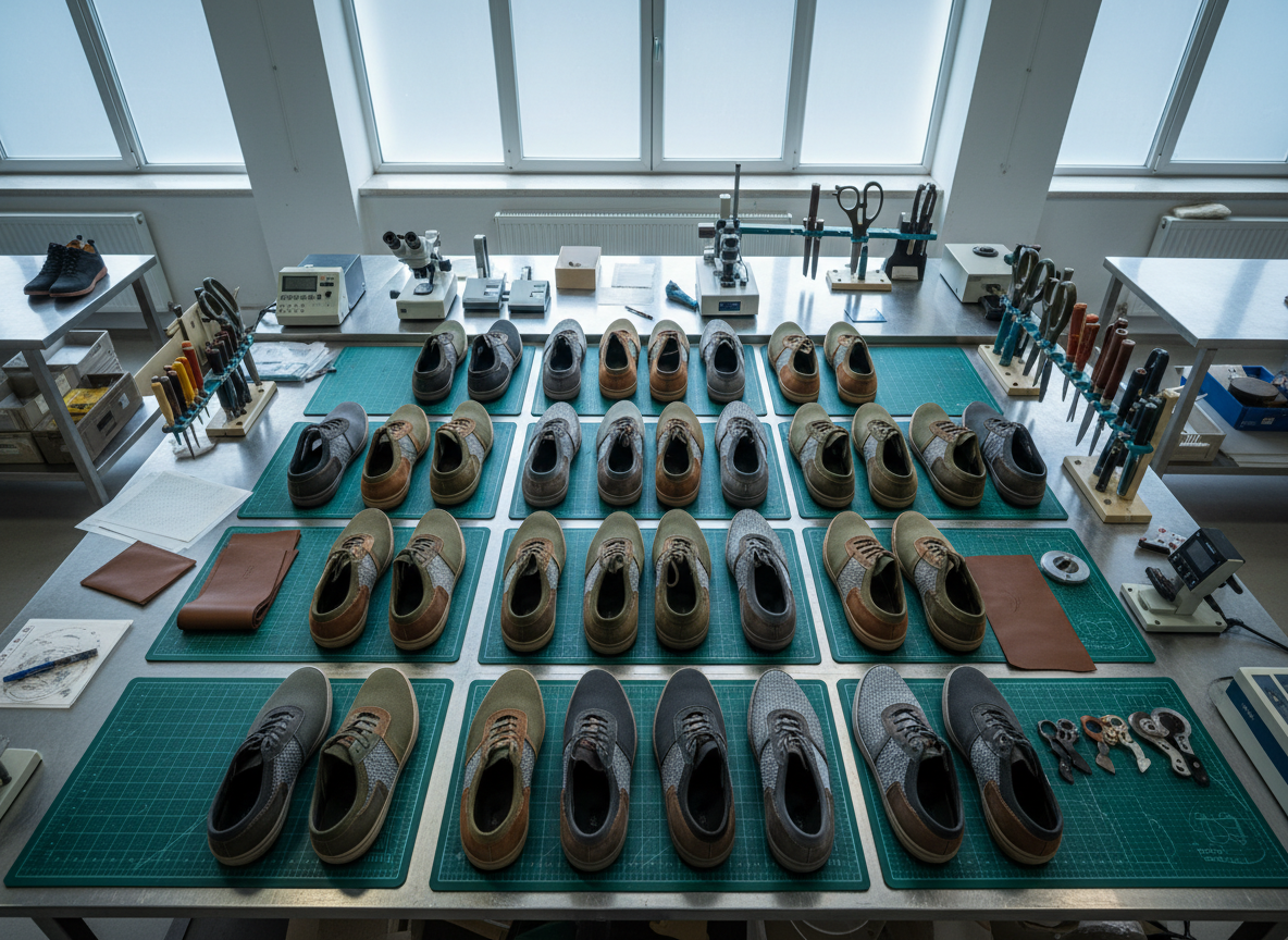 A group of semi-finished shoes—uppers made from premium canvas, leather, and technical textiles—meticulously laid out on individual cutting mats in the quality assurance area of the factory. The background features gleaming work surfaces, neatly organized cutting instruments, and testing equipment. Cool, natural light enters through frosted glass, gently diffusing across the workspace and creating refined highlights on the textiles and tools. The mood is composed, efficient, and detail-oriented, highlighting the rigorous quality control process. Captured from an elevated overhead view, the balanced, structured composition and sharp photographic realism establish a trusted, professional business setting.