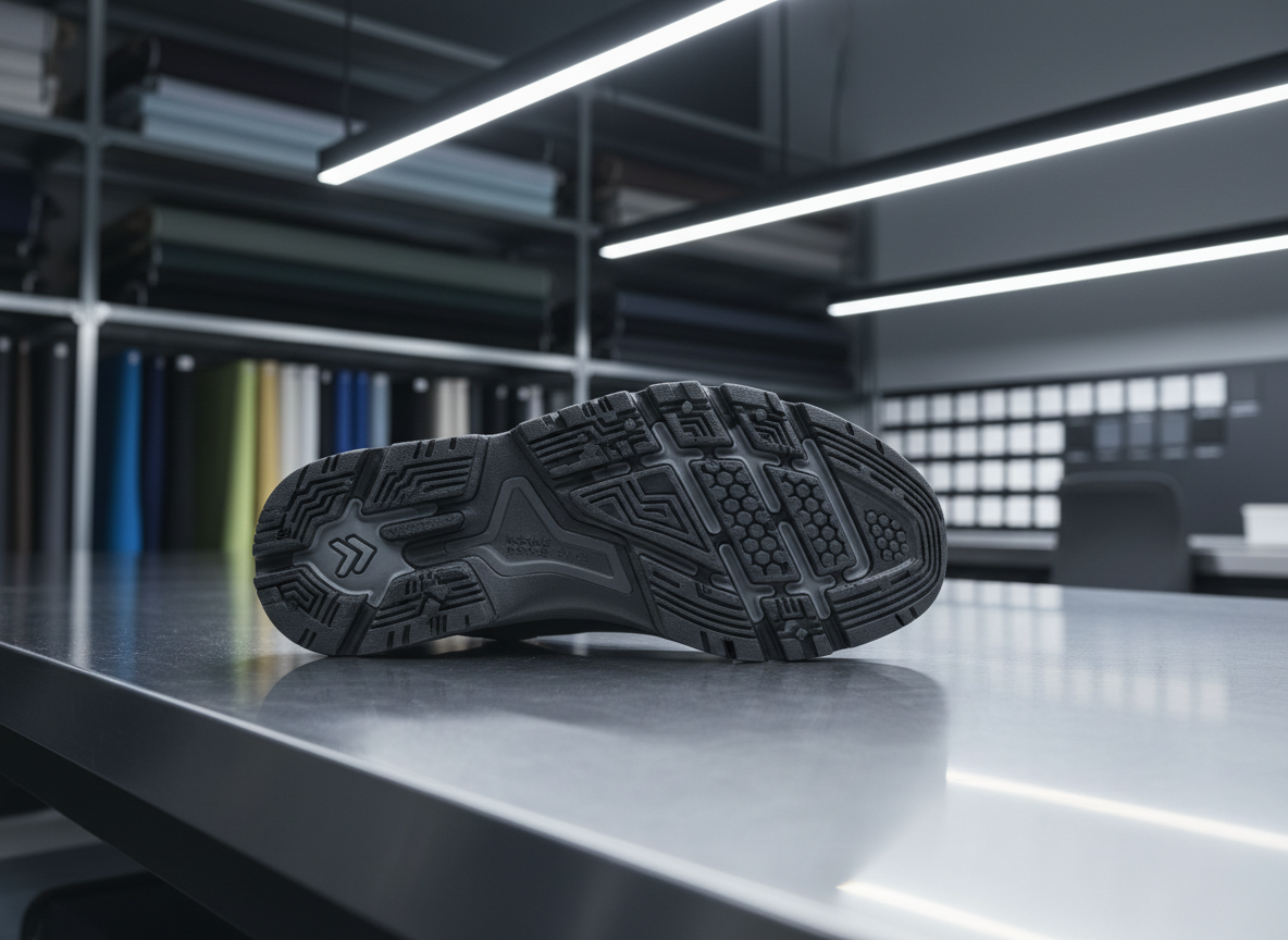 A close-up of a custom-designed shoe sole, showcasing intricate tread patterns molded in high-density rubber, with subtle branding details and flawless finishing. The sole rests on a brushed stainless steel workbench against a backdrop of precisely stacked raw material rolls and color samples, all arranged with intentional order. Strategic overhead LED lighting highlights the texture variations and crisp details of the sole, while casting soft shadows for dimensionality. The scene feels innovative and exacting, with a mood of dynamic professionalism and technical mastery. Photographed from a low, side-on angle with shallow depth of field, the composition draws attention to the craftsmanship and production prowess, aligning with a clean, modern corporate aesthetic.